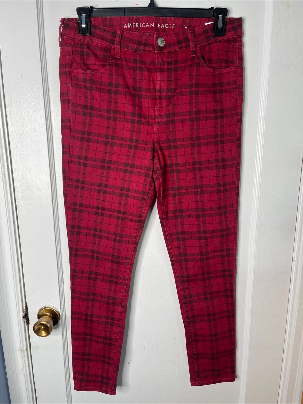American Eagle 14 High Rise Jegging Pants Red Plaid Skinny Leg Stretch AEO